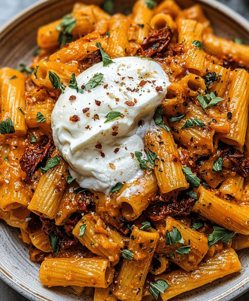 Silky Red Pepper and Sun-Dried Tomato Pasta with Burrata Melt