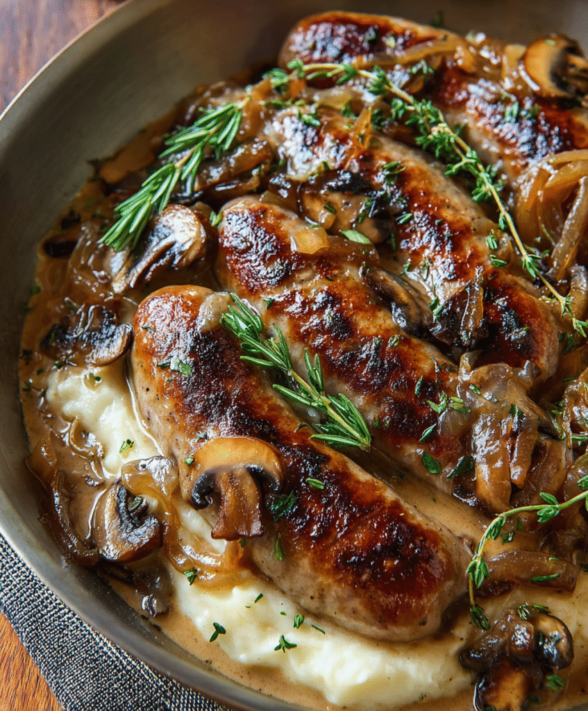 Turkey Sausage with Caramelized Onions and Creamy Mushroom Gravy