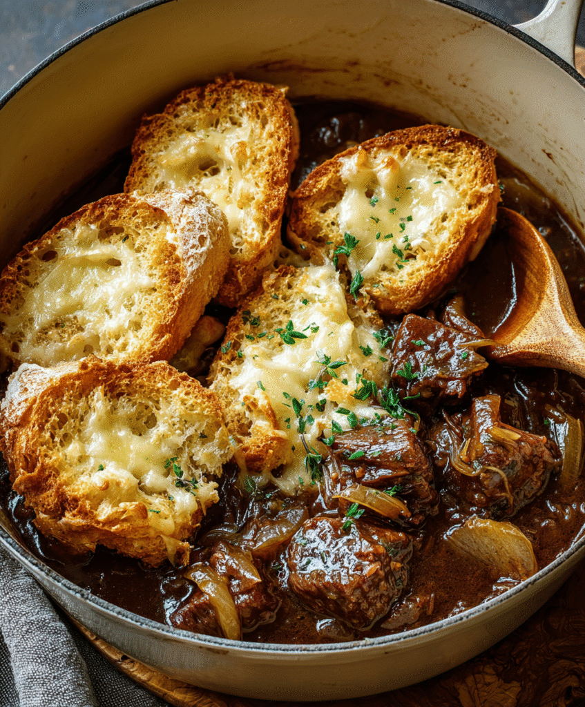 French Onion Beef Stew with Cheesy Bread Topping