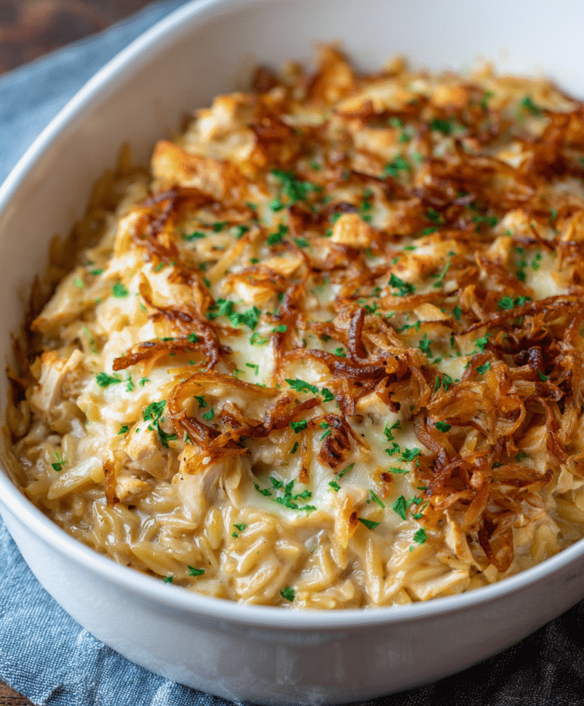 French Onion Chicken Orzo Casserole