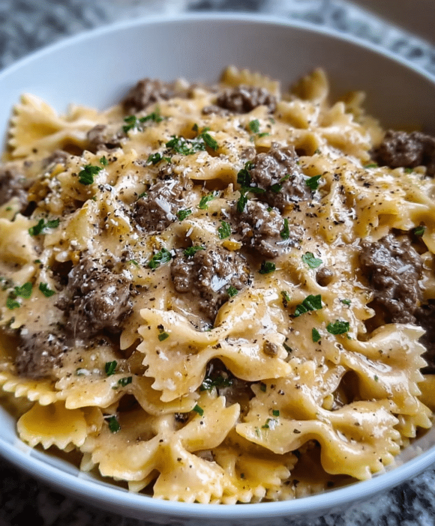 Creamy Parmesan Garlic Beef Bowtie Pasta