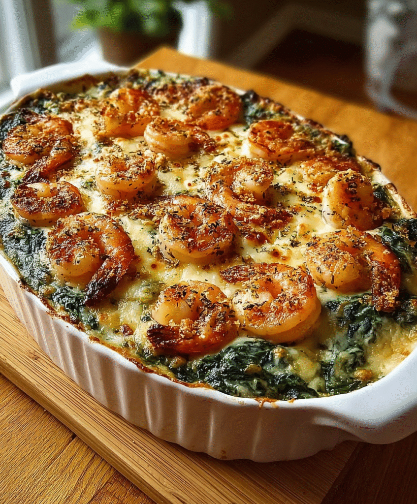 Shrimp and Spinach Casserole with Three-Cheese Blend