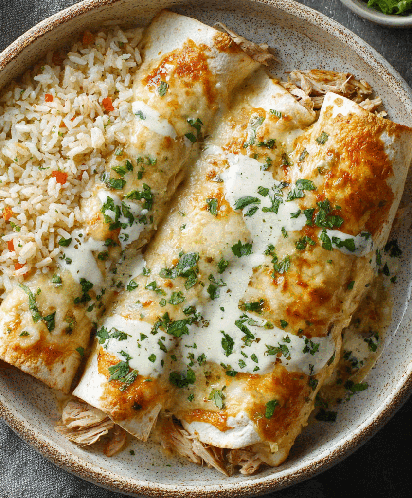 Baked Chicken Burritos with Creamy Green Chile Sauce