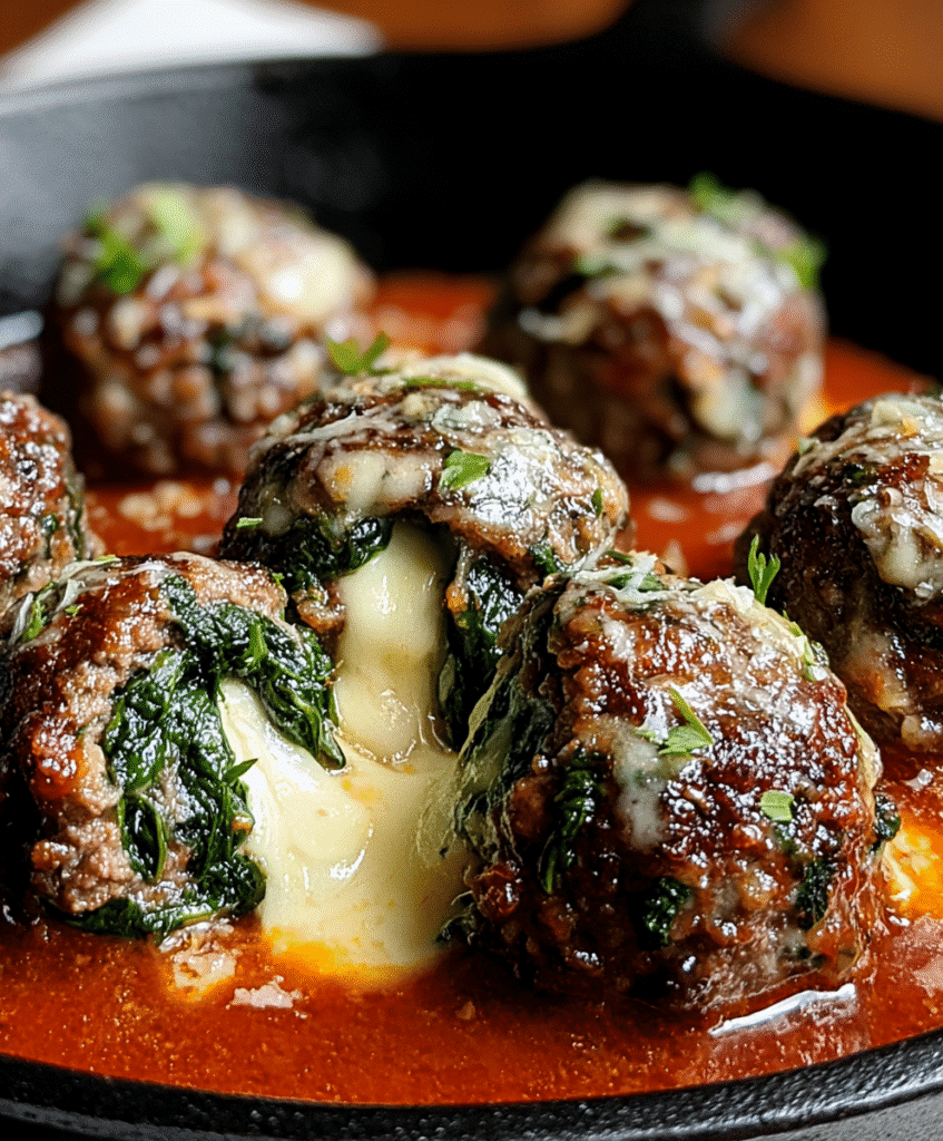 Spinach Garlic Meatballs Stuffed with Mozzarella