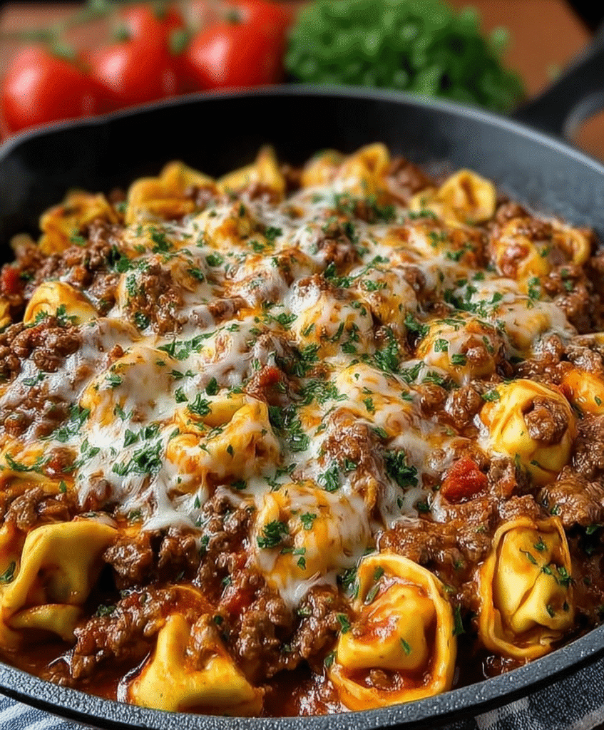 Cheesy Enchilada Beef Tortellini Skillet