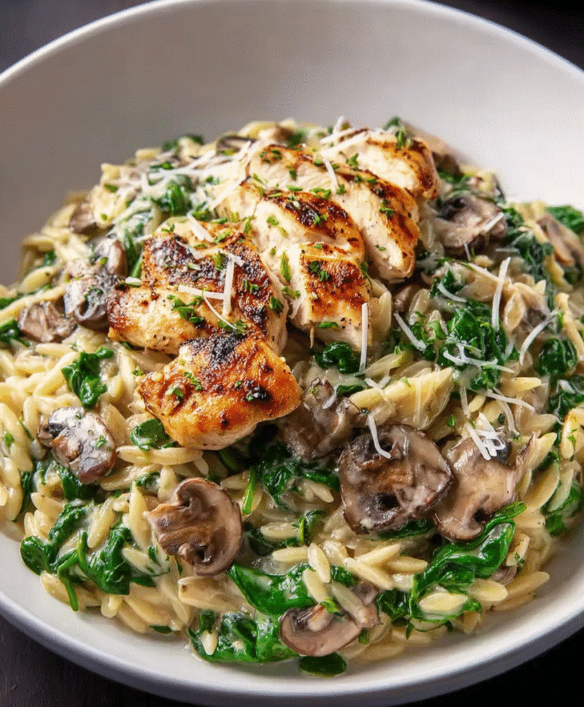 One-Pan Creamy Spinach Mushroom Orzo with Chicken
