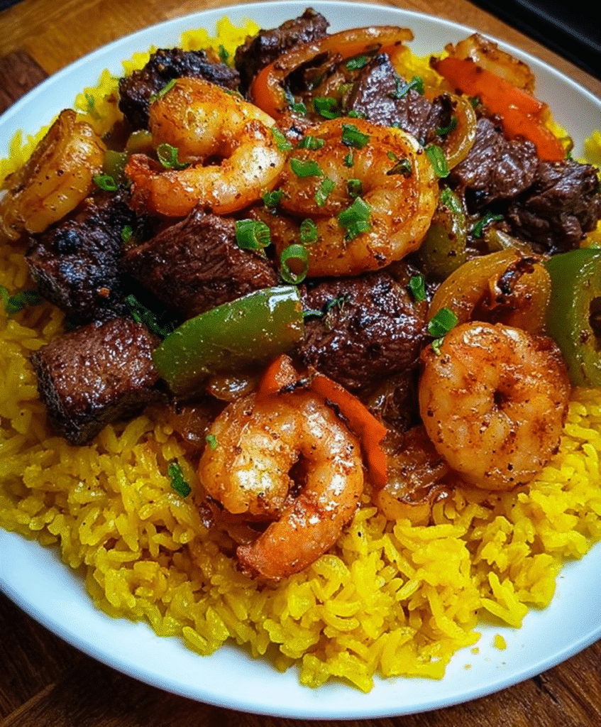 Homemade Jerk Steak & Shrimp Over Tropical Yellow Rice