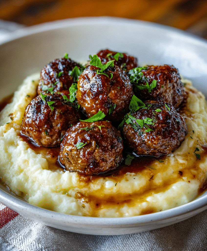 Salisbury Steak Meatballs With Garlic Herb Mashed Potatoes