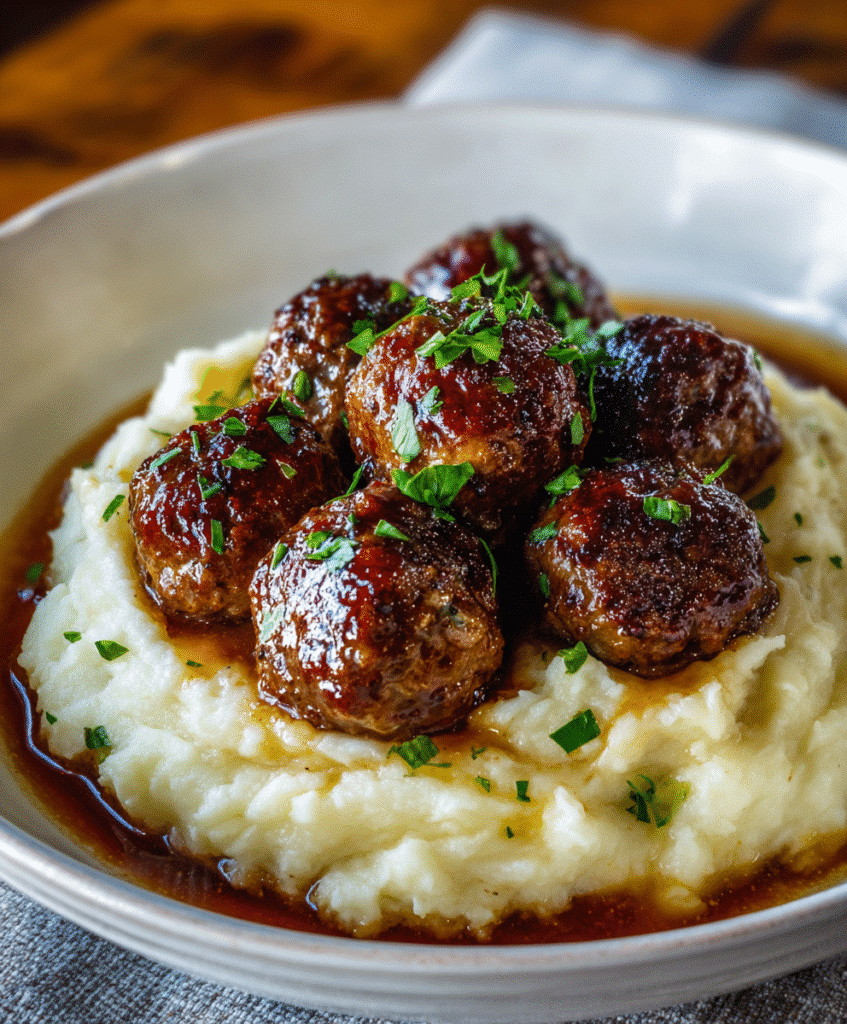 Salisbury Steak Meatballs With Garlic Herb Mashed Potatoes