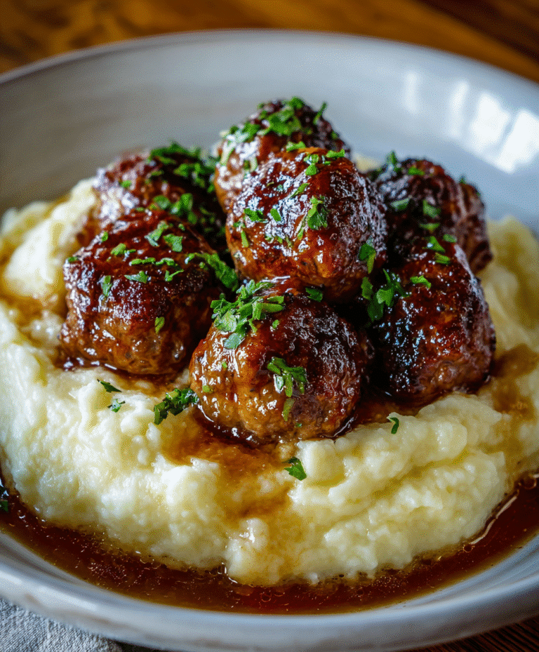 Salisbury Steak Meatballs With Garlic Herb Mashed Potatoes